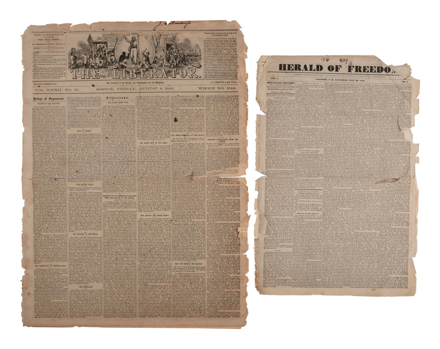 [ENSLAVEMENT & ABOLITION]. Group of newspapers involving enslavement and abolition, plus.