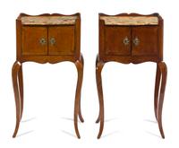 A Pair of Louis XV Style Kingwood and Parquetry Side Cabinets, Height 30 3/4 x width 16 1/2 x depth 11 1/2 inches.