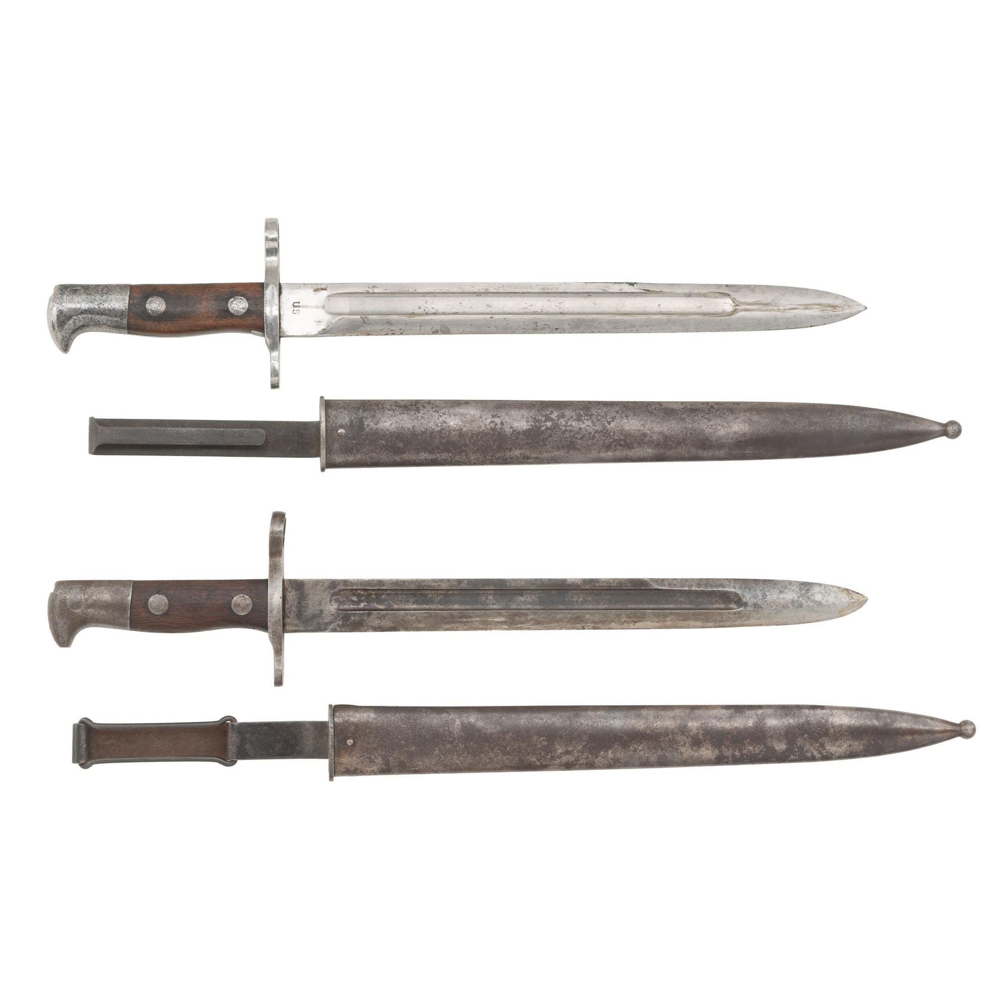 Two 1894 Dated US Model 1892 Krag Rifle Bayonets with Type I and Type II Scabbards