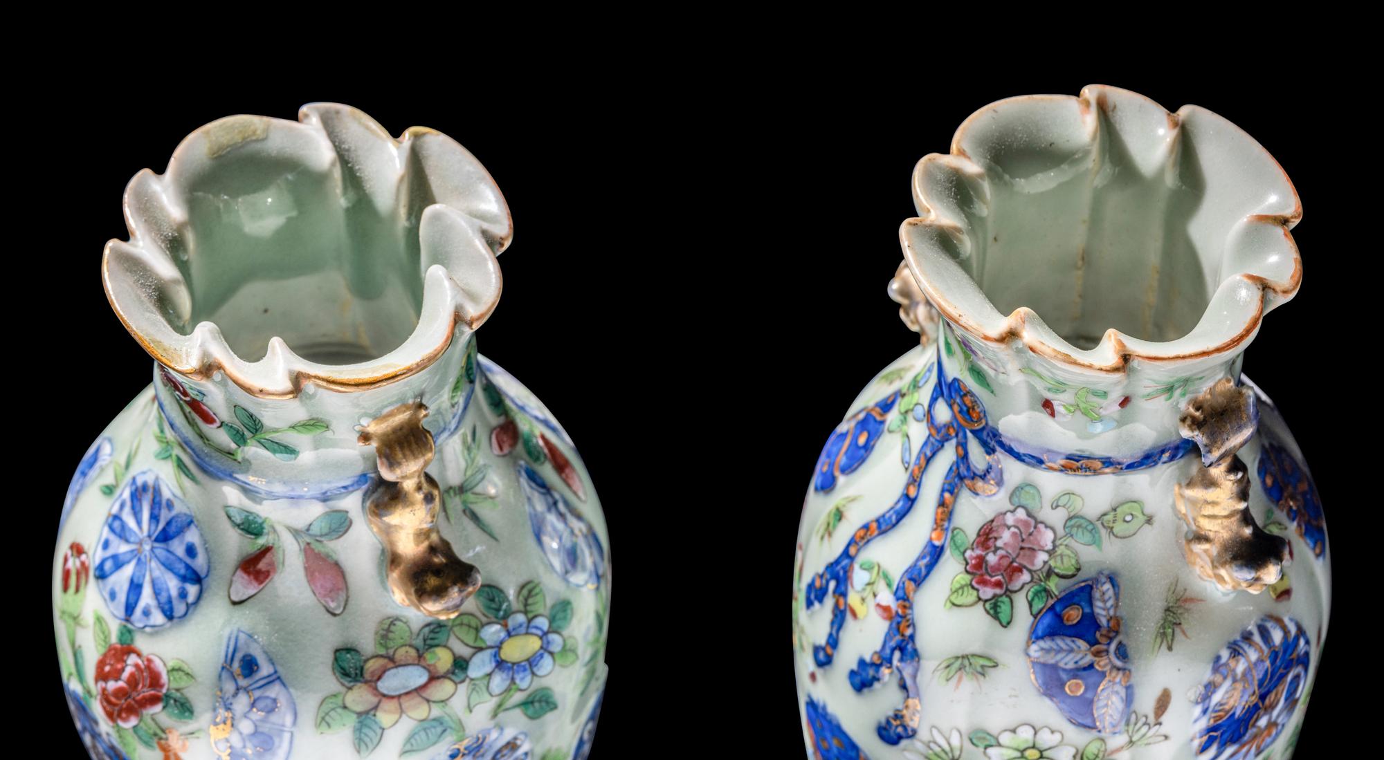 A Matched Pair of Chinese Celadon Ground Famille Rose Porcelain Vases