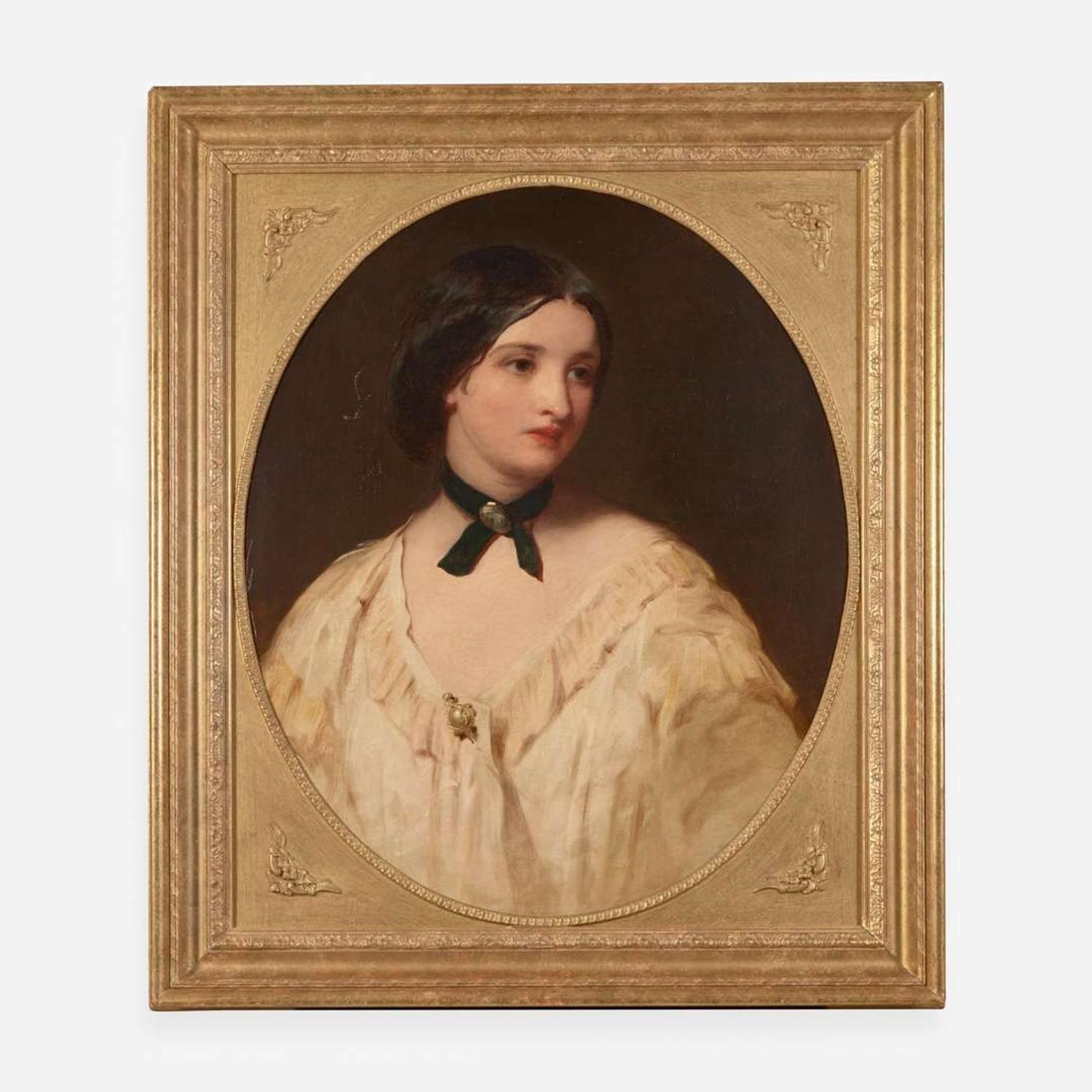 Manner of Franz Xaver Winterhalter (German, 1805-1873) Portrait of a Woman in White Facing Left with a Black Velvet Choker Necklace