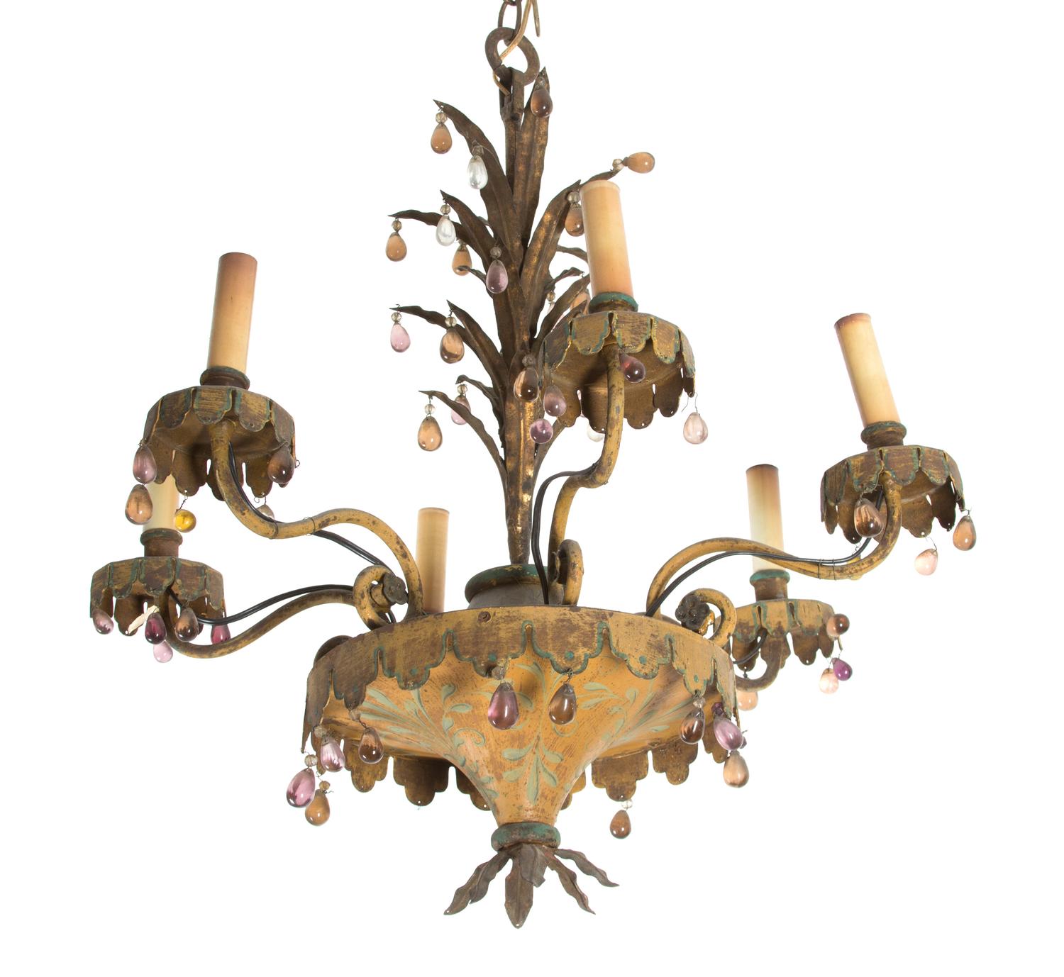 A Painted and Cut-Metal Six-Light Chandelier Height 23 x diameter 21 1/2 inches. — 20TH CENTURY