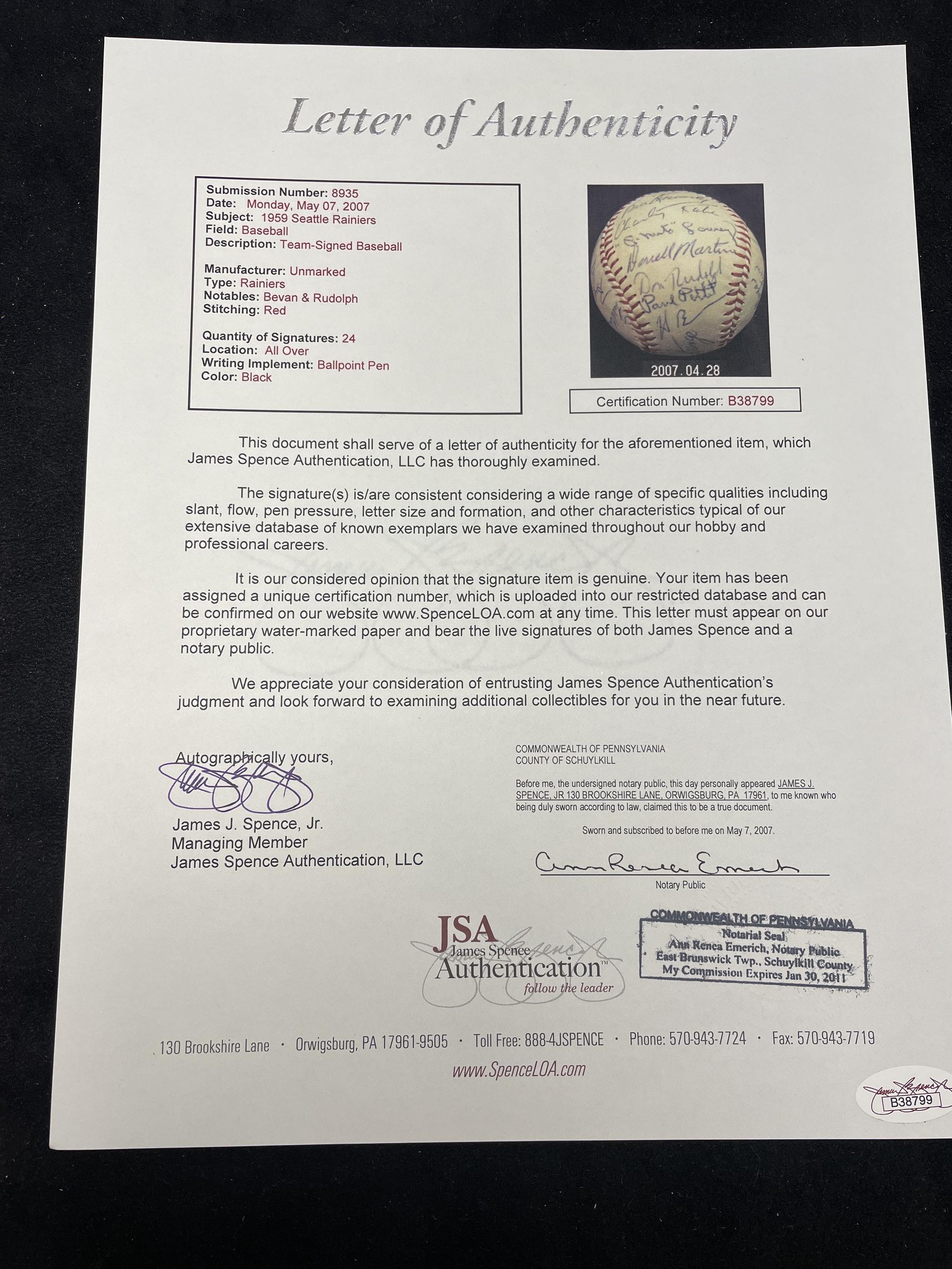 A 1959 Seattle Rainers Team Signed Autograph Baseball (JSA Letter of Authenticity)