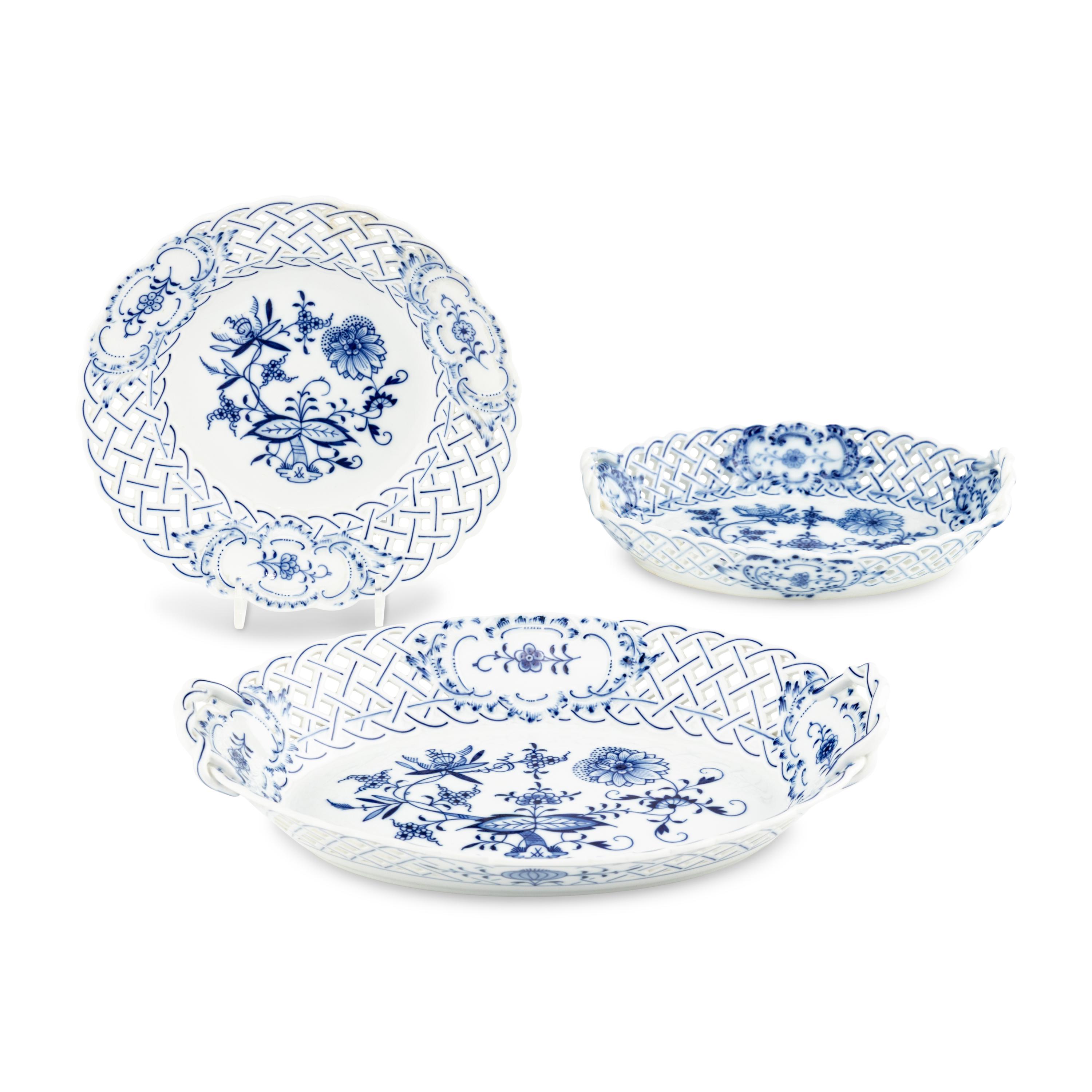 Three Meissen Porcelain Pierced Tablewares in the Blue Onion Pattern