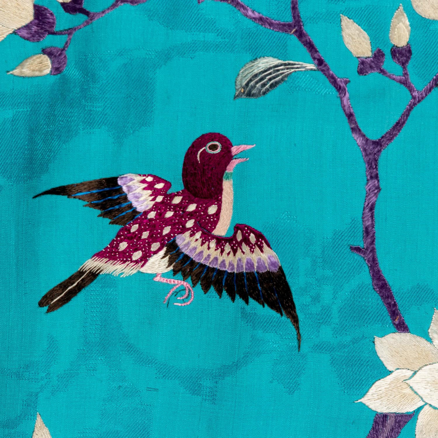 A Large Chinese Embroidered Silk Hanging Panel, Late 19th Century 清晚期 藍地綉花鳥大挂賬