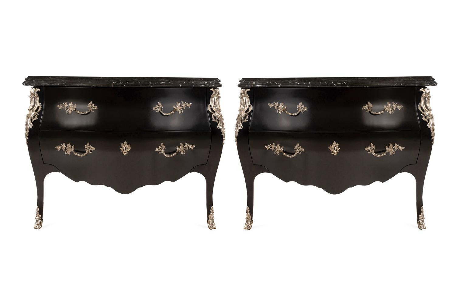 A Pair of Ralph Lauren Silvered Bronze-Mounted Marble-Top Ebonized Commodes