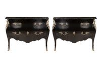A Pair of Ralph Lauren Silvered Bronze-Mounted Marble-Top Ebonized Commodes