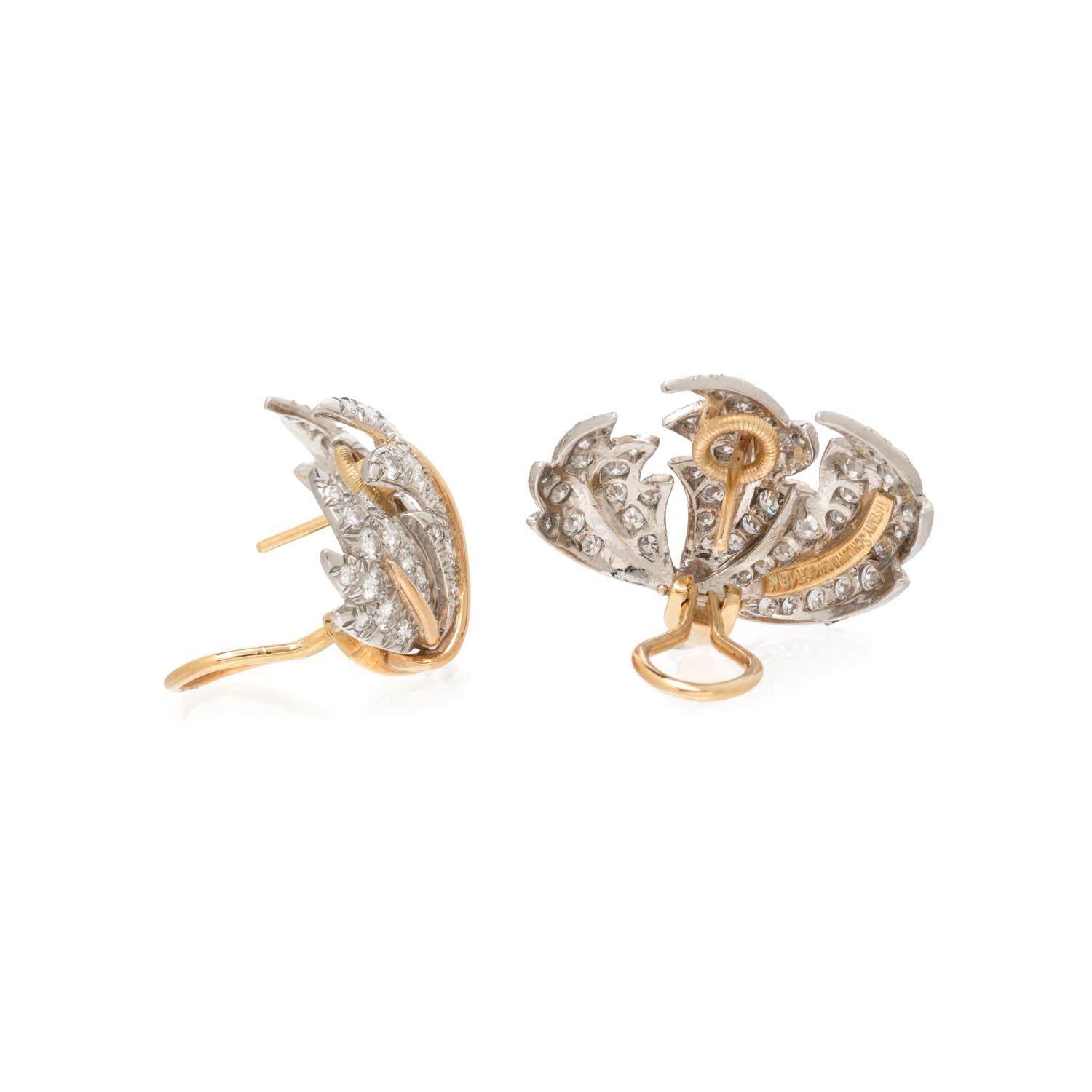 TIFFANY & CO., SCHLUMBERGER, YELLOW GOLD, PLATINUM, AND DIAMOND 'THREE LEAVES' EARRINGS
