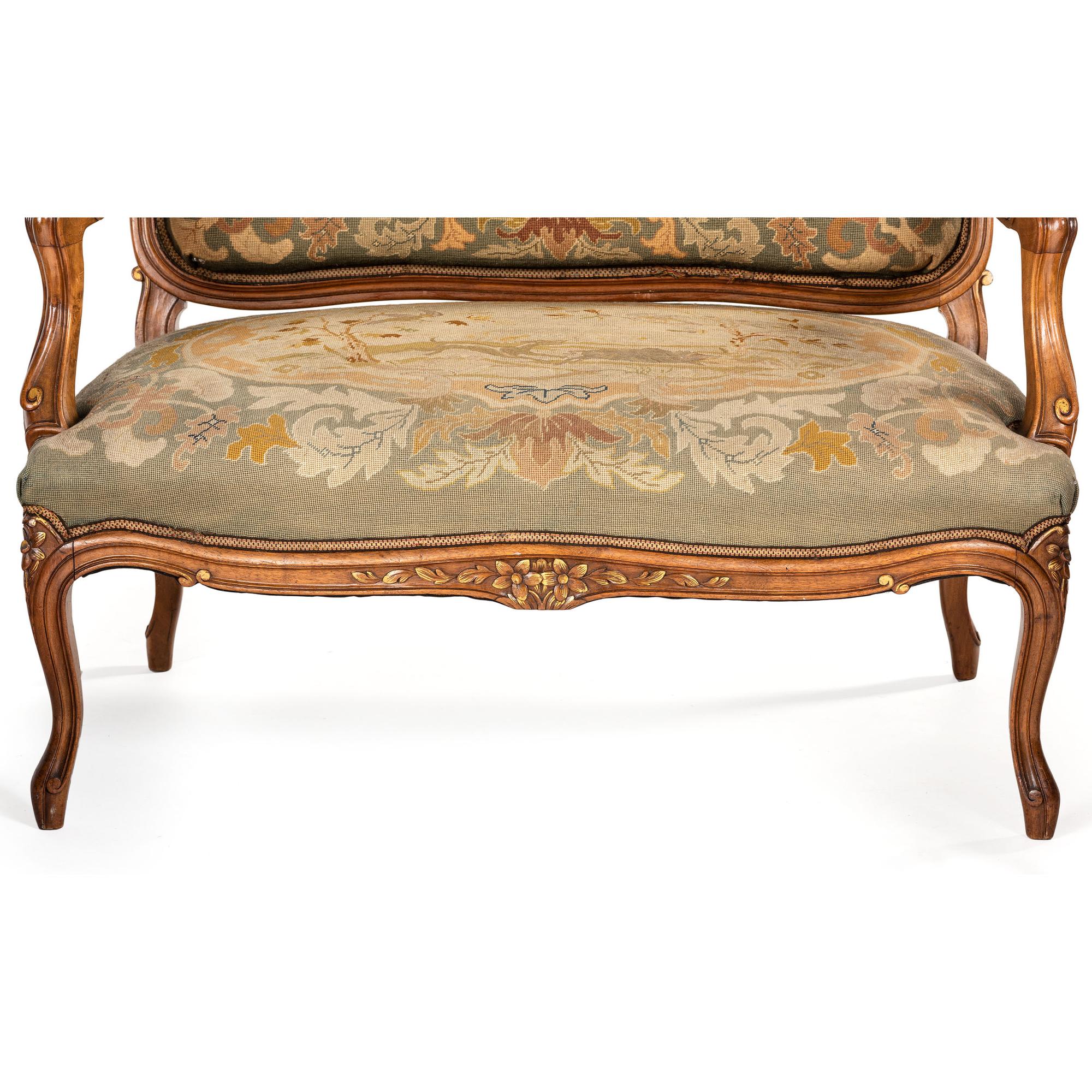 A Suite of Louis XV-Style Carved Walnut Needlework Upholstered Seating Furniture