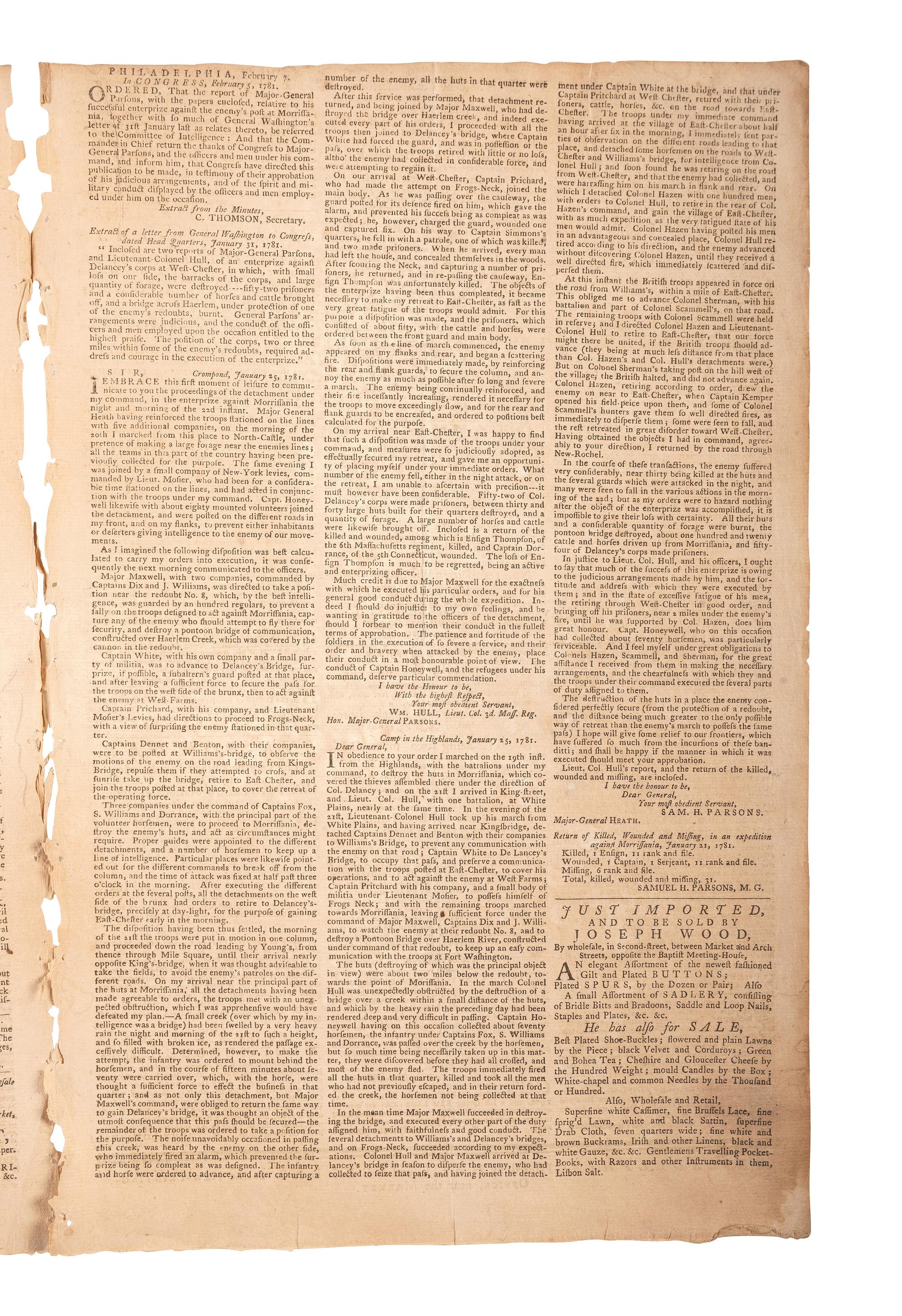 [REVOLUTIONARY WAR - BATTLE OF MORRISANIA]. The Pennsylvania Gazette and Weekly Advertiser. No. 2643. Philadelphia, PA: Hall and Sellers, 7 February 1781.