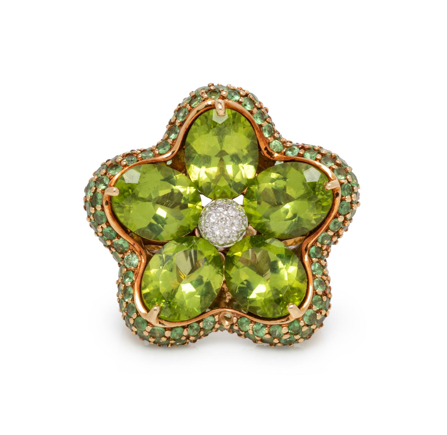 PERIDOT, TSAVORITE GARNET AND DIAMOND RING