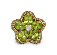 PERIDOT, TSAVORITE GARNET AND DIAMOND RING