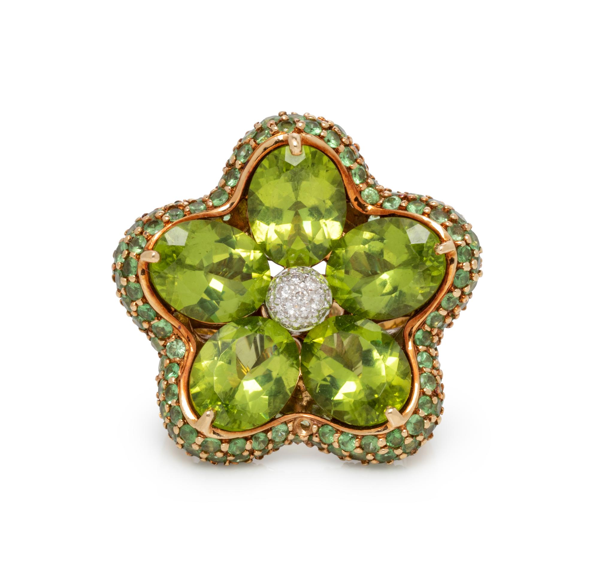 PERIDOT, TSAVORITE GARNET AND DIAMOND RING