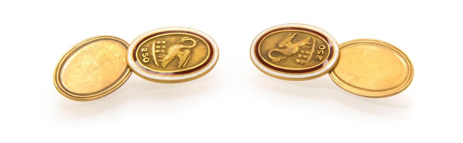 A Pair of 14 Karat Yellow Gold and Polychrome Enamel Heron Cufflinks, Kents, 8.40 dwts.