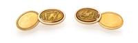 A Pair of 14 Karat Yellow Gold and Polychrome Enamel Heron Cufflinks, Kents, 8.40 dwts.