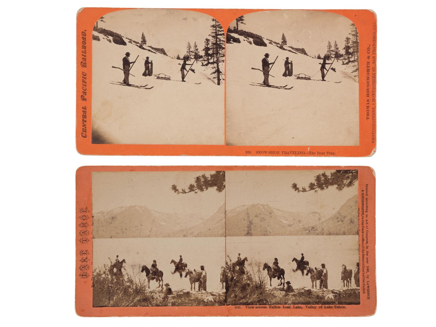 [CALIFORNIA]. HOUSEWORTH, Thomas and Co., photographer. A group of 2 stereoviews, incl. Snow-Shoe Traveling – The Bear Trap. San Francisco: ca 1866.