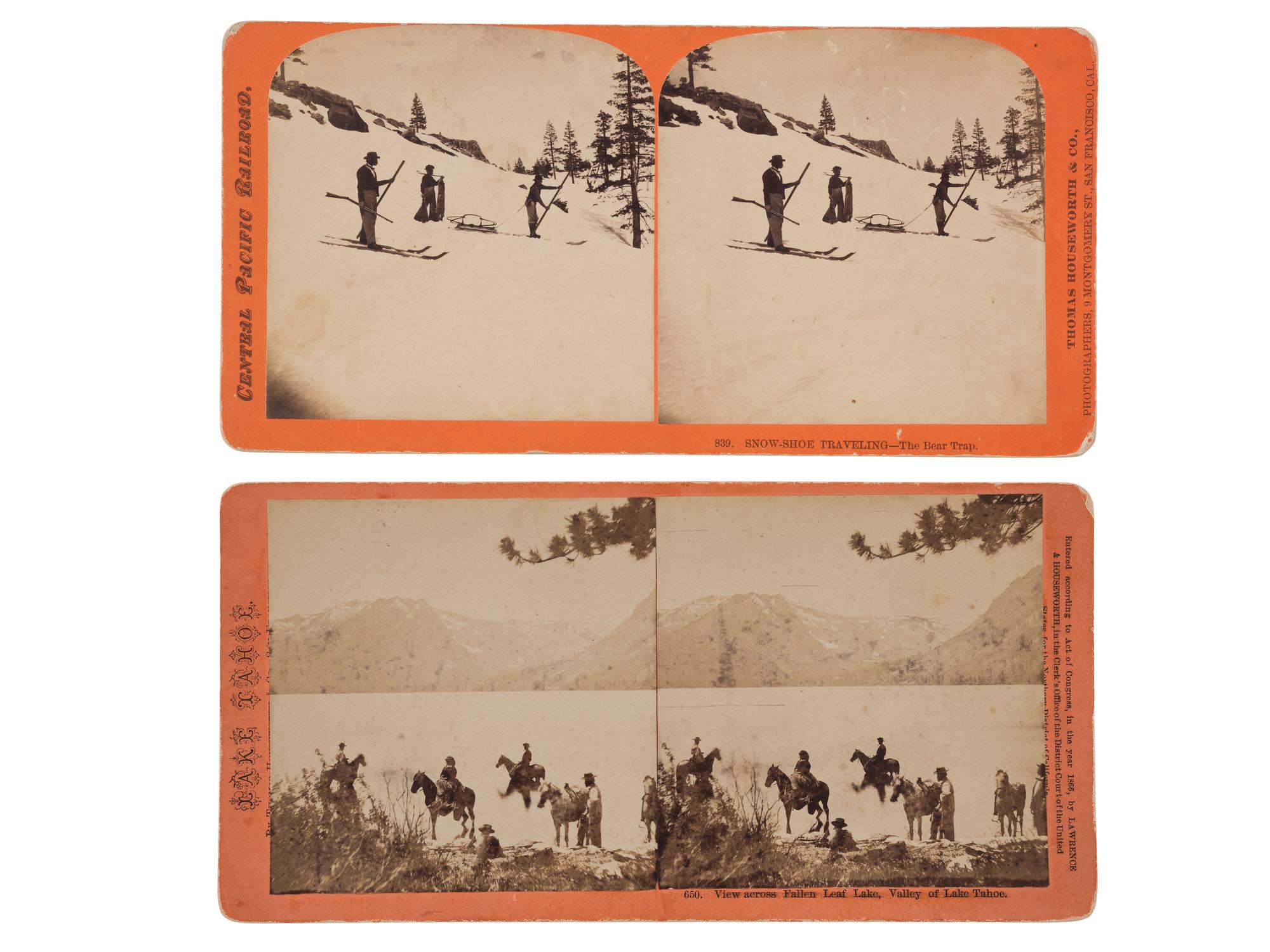 [CALIFORNIA]. HOUSEWORTH, Thomas and Co., photographer. A group of 2 stereoviews, incl. Snow-Shoe Traveling – The Bear Trap. San Francisco: ca 1866.
