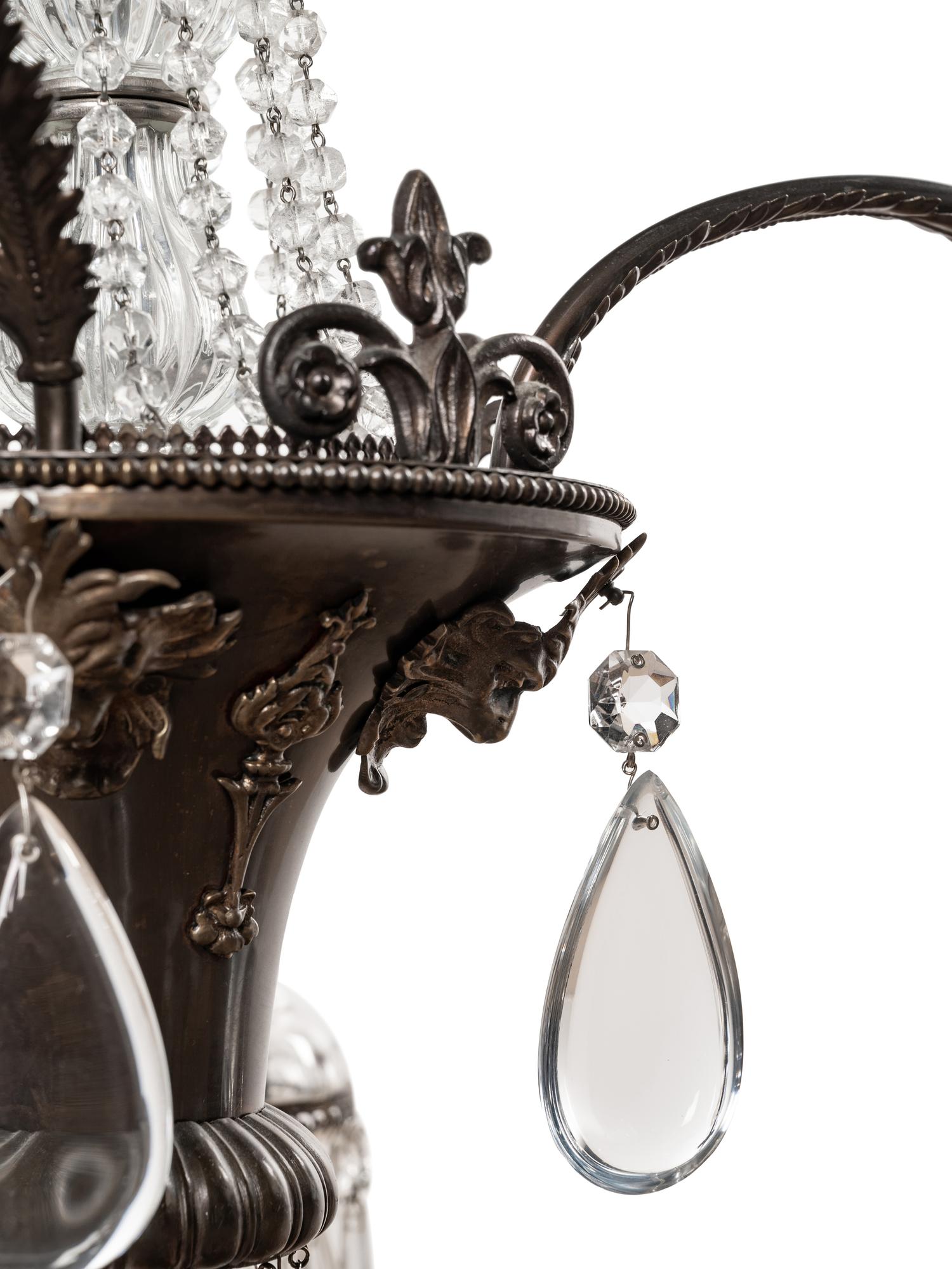A Continental Bronze and Cut Glass Five-Light Chandelier