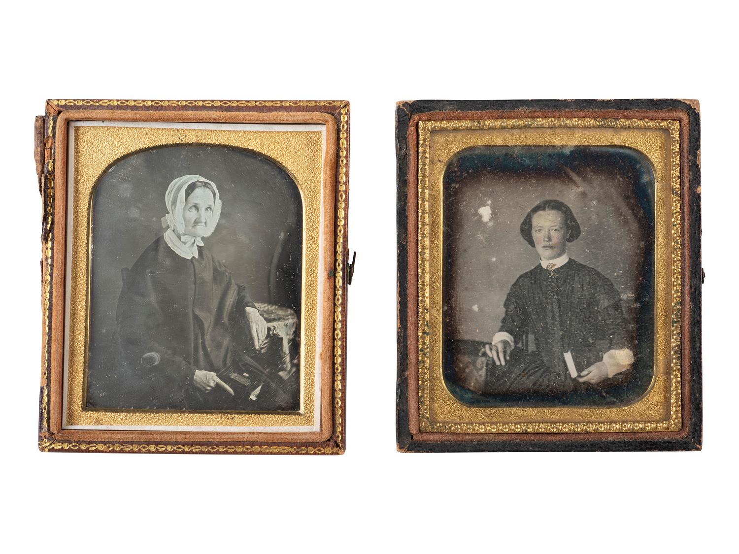 [EARLY PHOTOGRAPHY]. 22 sixth plate daguerreotypes of women posed with books and cased images.