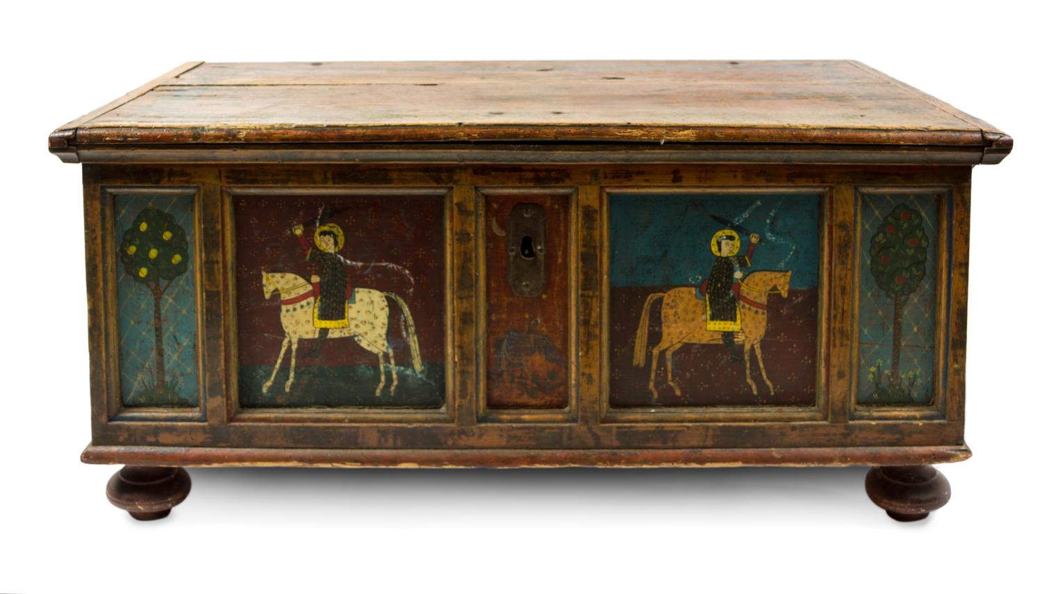 A Polychrome-Painted Pine Coffer Height 22 x width 47 x depth 25 inches. — 19TH CENTURY