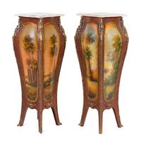 A Pair of Louis XV Style Gilt Metal Mounted Vernis Martin Marble-Top Pedestals