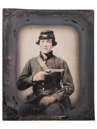 [CIVIL WAR]. Sixth plate ambrotype of CSA soldier John Adams, Jr., possibly from Company, B, 16th South Carolina Volunteers, holding a Confederate-made Spiller & Burr revolver, with civilian portrait.