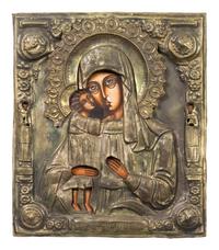 Three Russian Brass Oklad Mother and Child Icons
