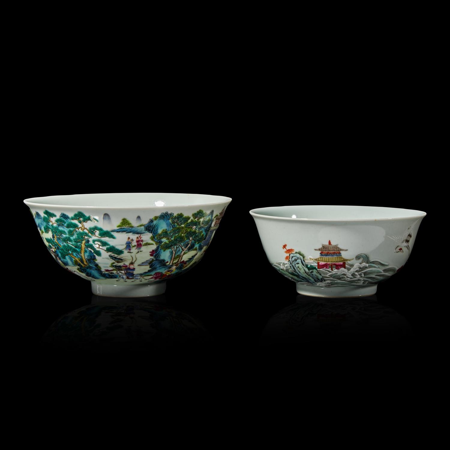 Two Chinese Enameled Porcelain Bowls and a "Lotus" Water Dropper 粉彩仙人圖盌及秋操杯各一
