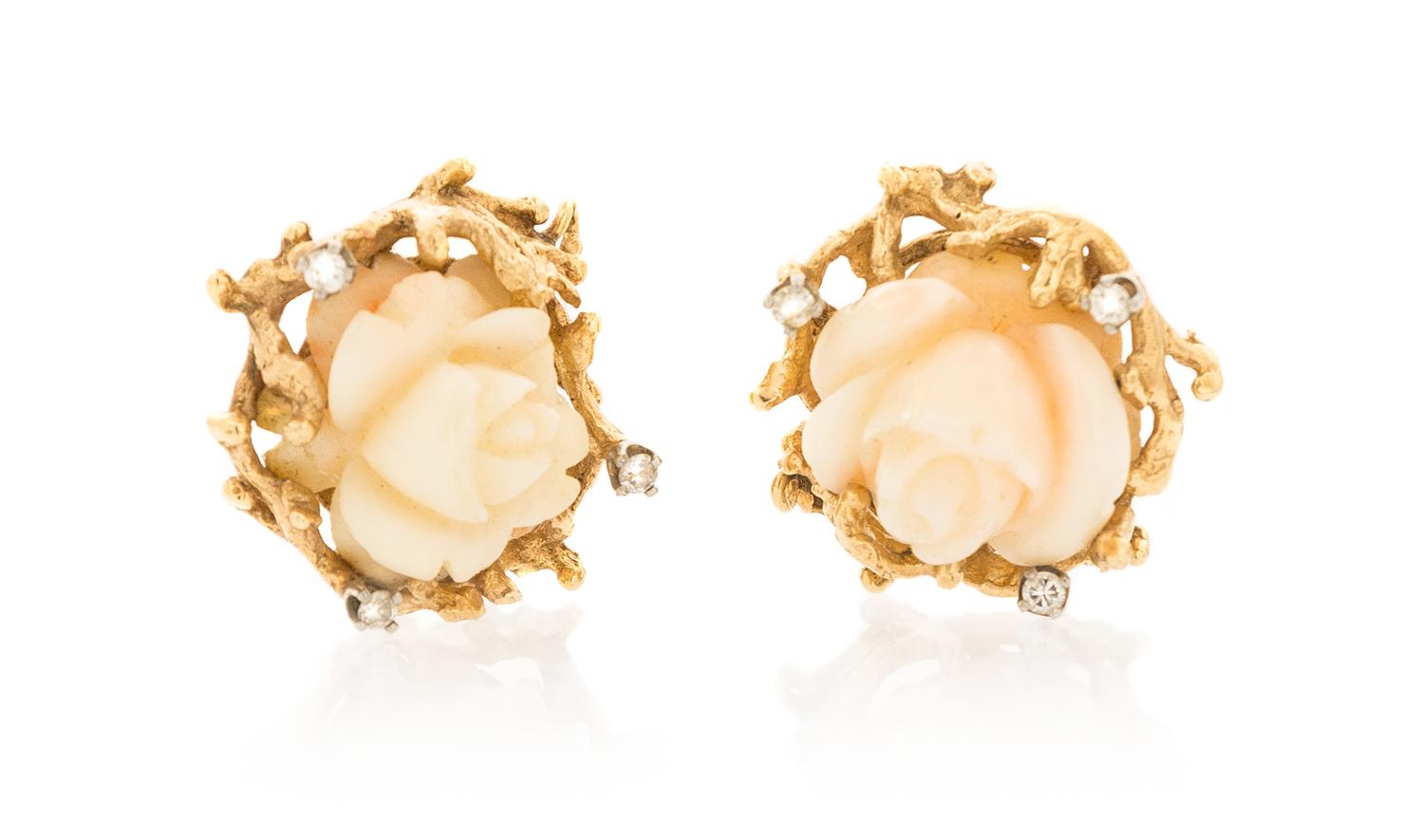 A Collection of Yellow Gold, Carved Coral and Diamond Jewelry, 45.20 dwts.