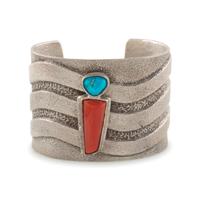 Tufa Cast Sterling Silver Cuff Bracelet, with Wave Design and Set with Turquoise and Coral in Abstract Figural Shape