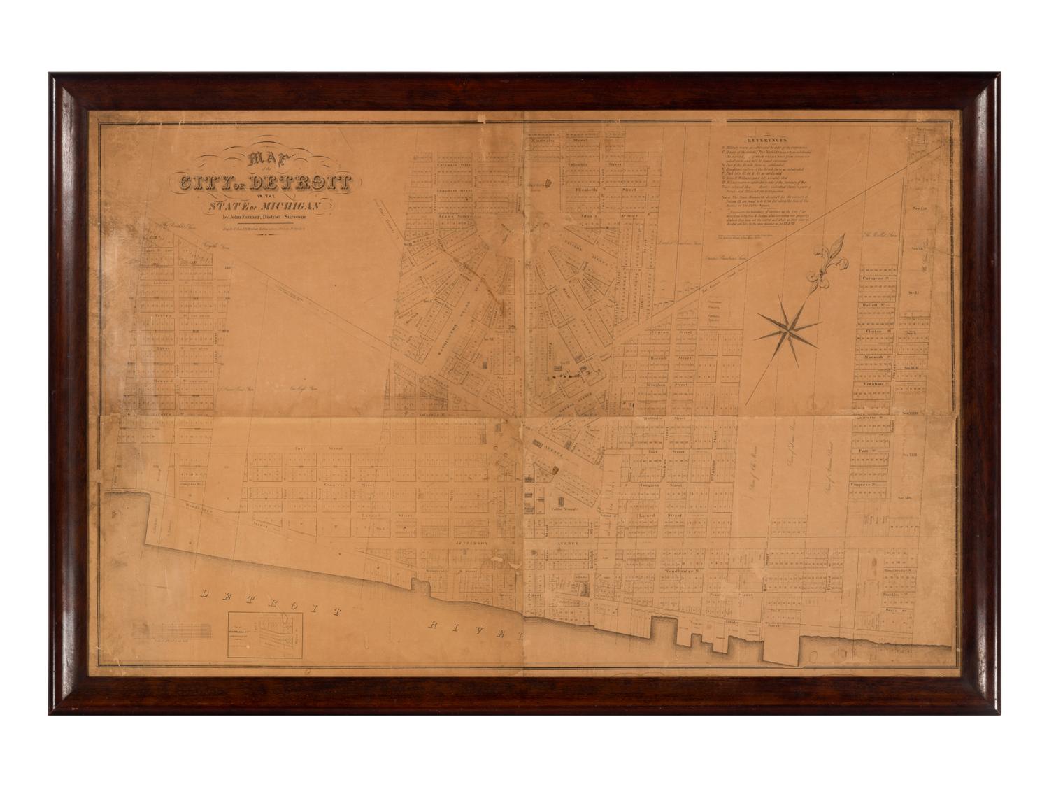 [MAPS & VIEWS]. FARMER, John (1798-1859), surveyor. Map of the City of Detroit in the State of Michigan . Detroit: C.B. & J.R. Graham Lithographers, 1835.