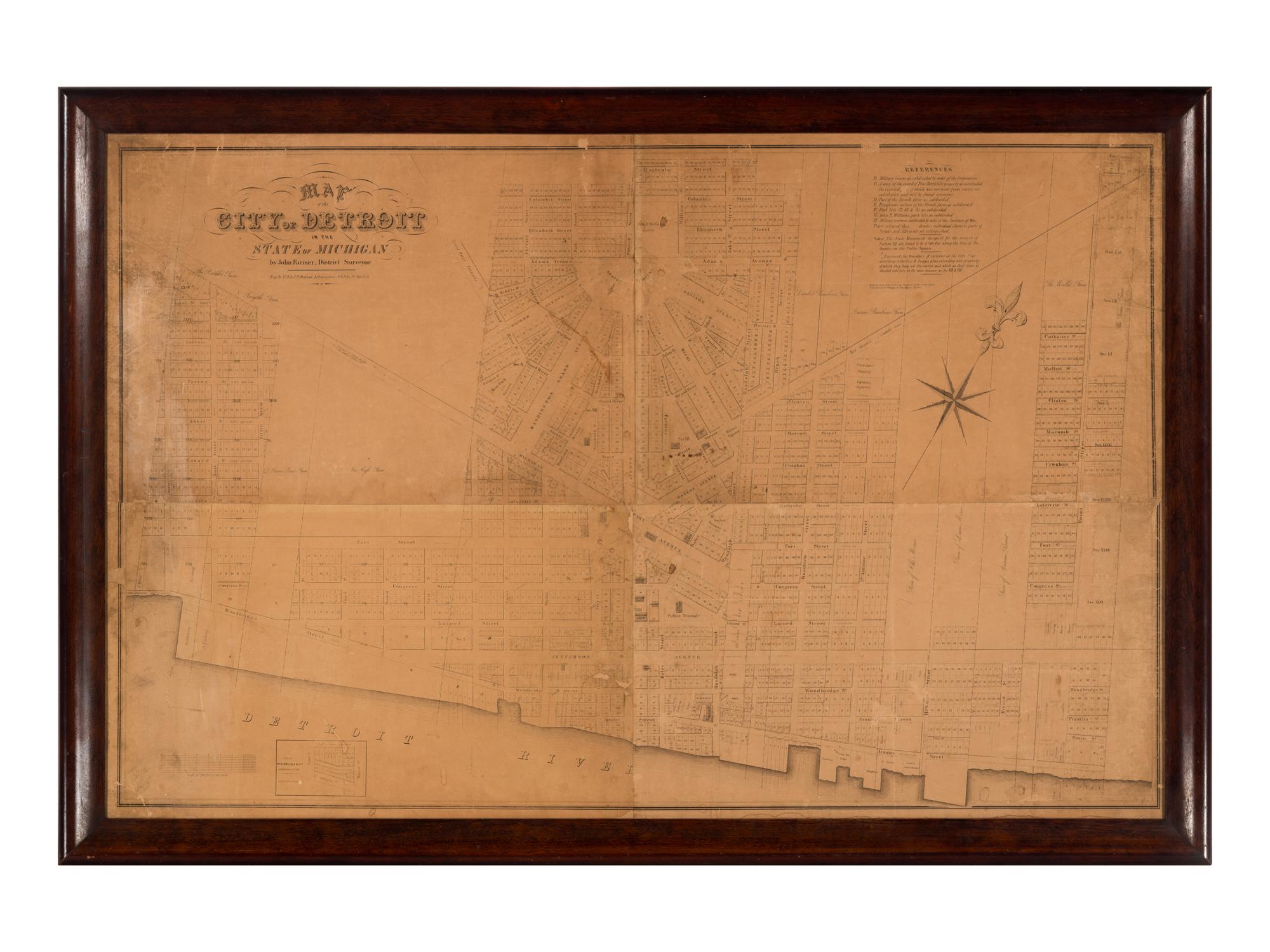 [MAPS & VIEWS]. FARMER, John (1798-1859), surveyor. Map of the City of Detroit in the State of Michigan . Detroit: C.B. & J.R. Graham Lithographers, 1835.