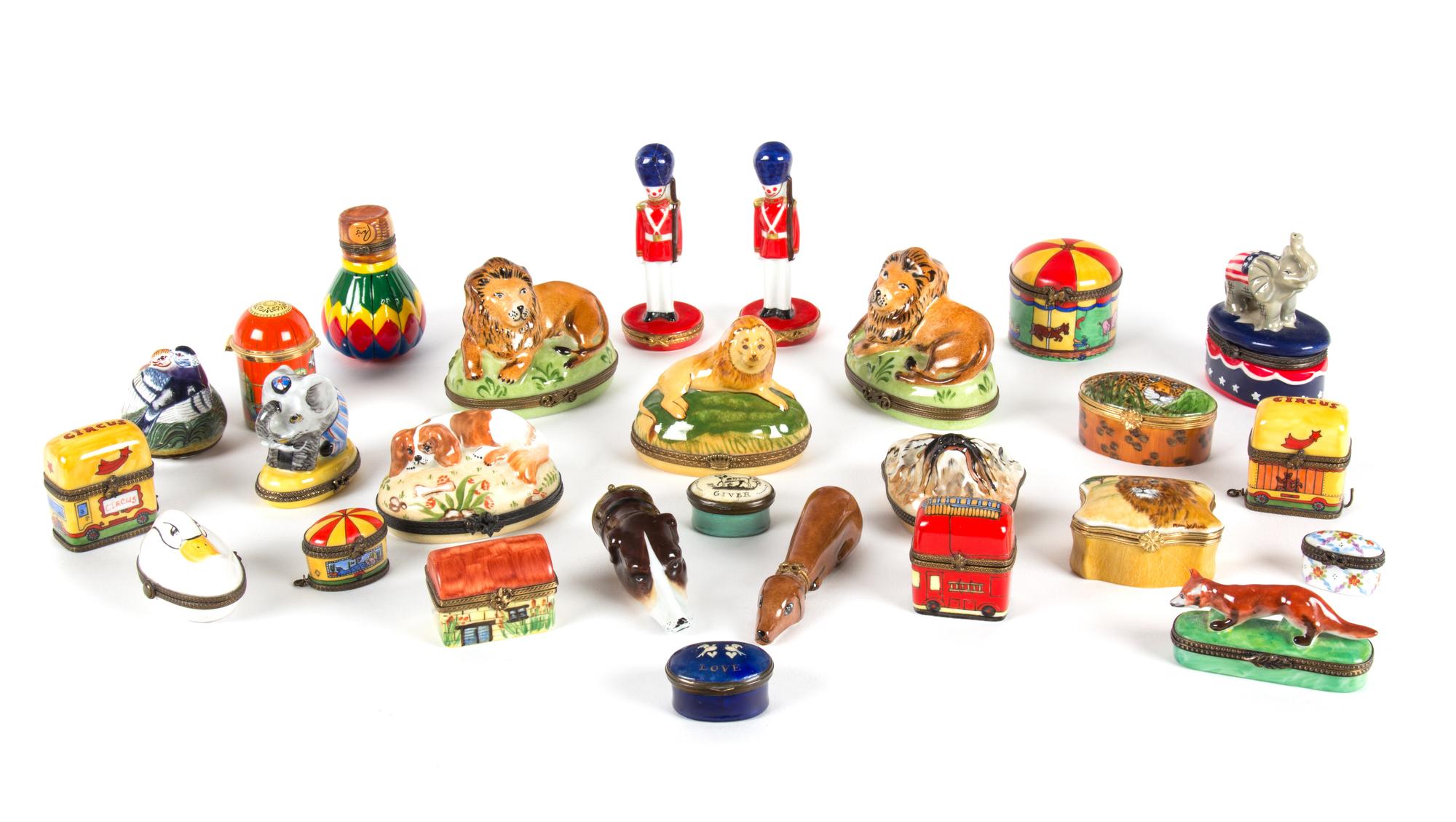 A Collection of Thirty-Five Limoges and Other Enameled Metal and Porcelain Boxes Width of widest 4 inches. — 20TH CENTURY