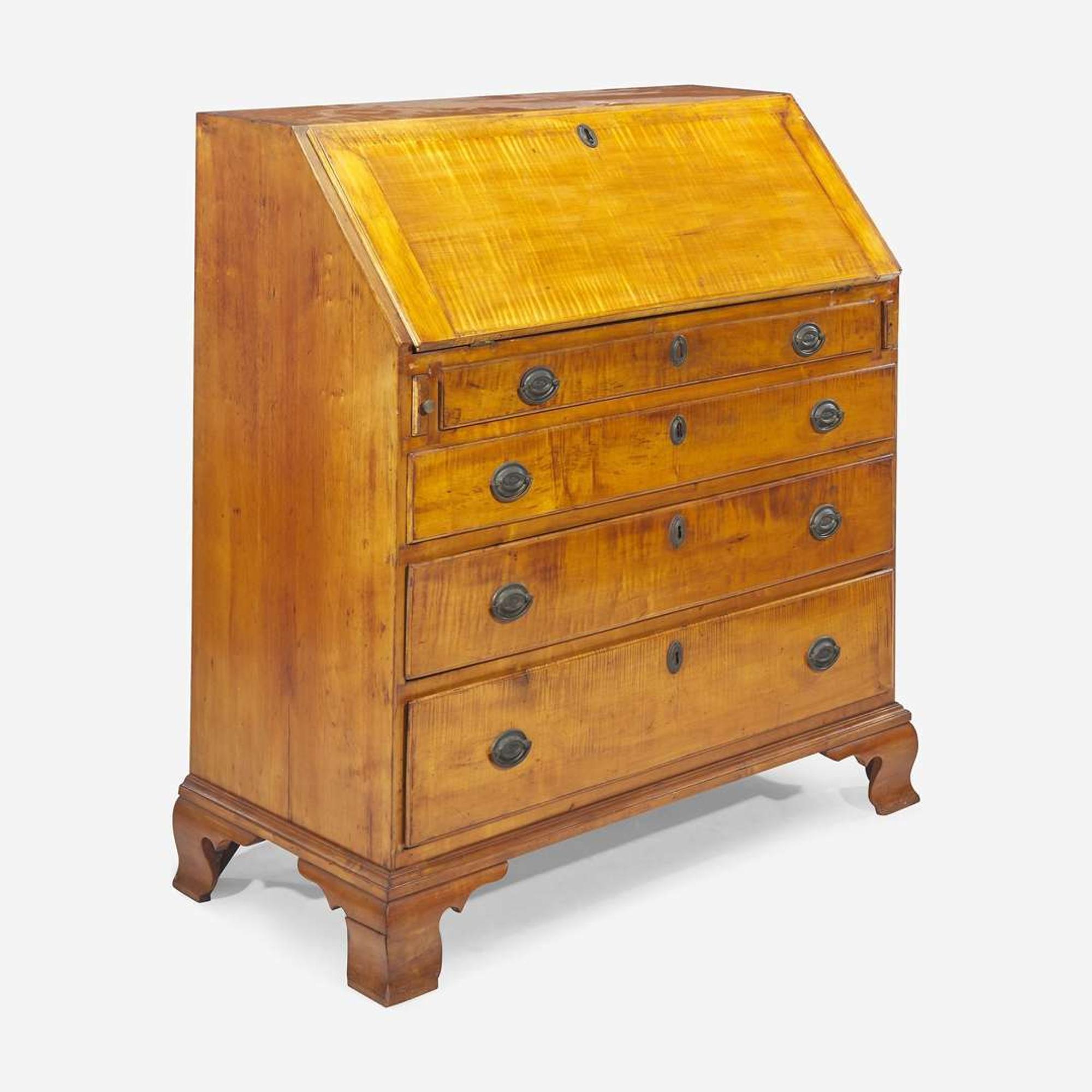 A Chippendale carved tiger maple slant-front desk late 18th century