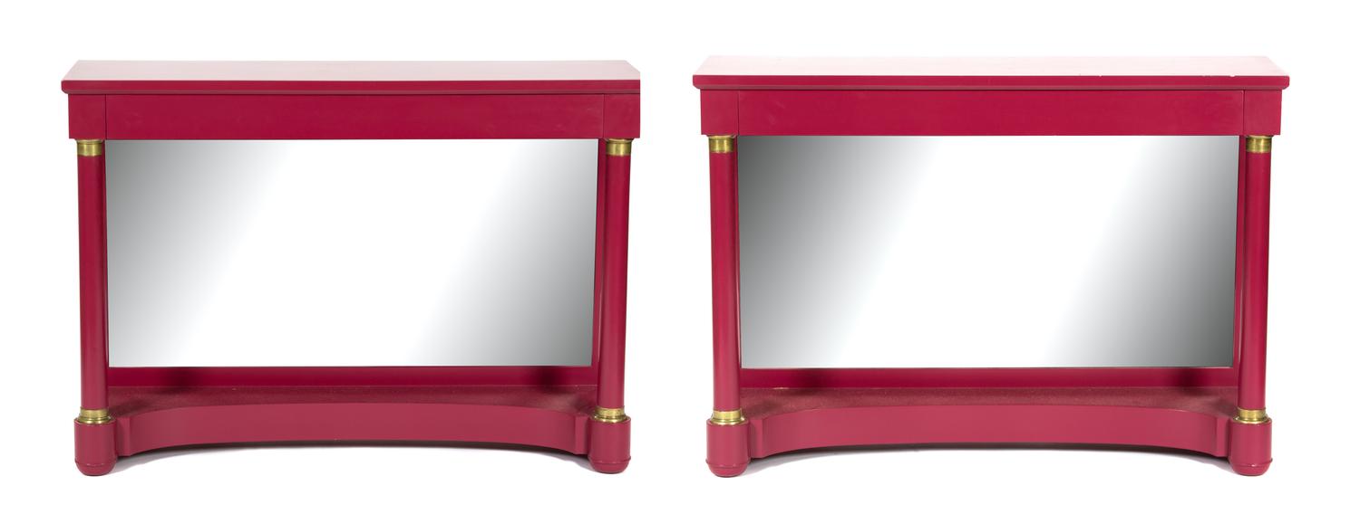 A Pair of Empire Style Brass Mounted Magenta Painted Console Tables Height 34 x width 48 x depth 13 1/2 inches. — 20TH CENTURY