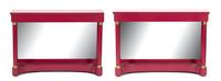 A Pair of Empire Style Brass Mounted Magenta Painted Console Tables Height 34 x width 48 x depth 13 1/2 inches. — 20TH CENTURY