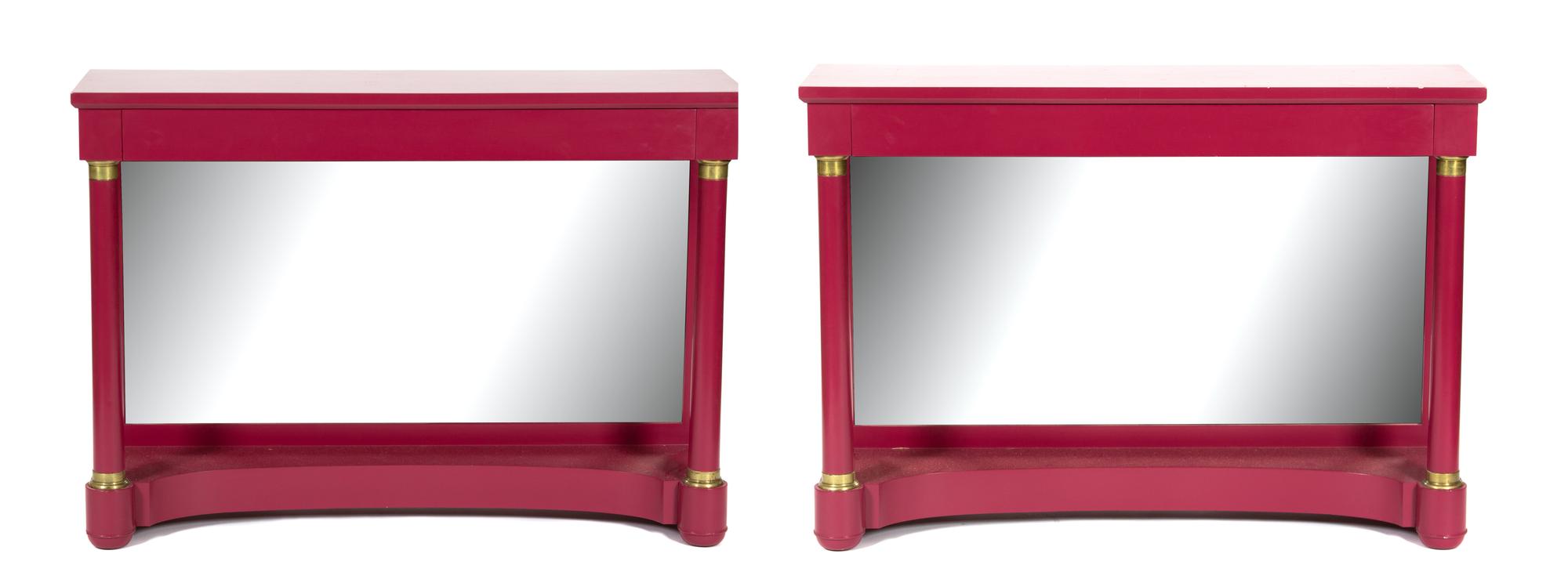 A Pair of Empire Style Brass Mounted Magenta Painted Console Tables Height 34 x width 48 x depth 13 1/2 inches. — 20TH CENTURY