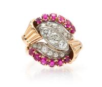 A Retro Platinum Topped Rose Gold, Diamond and Ruby Ring, 7.60 dwts.