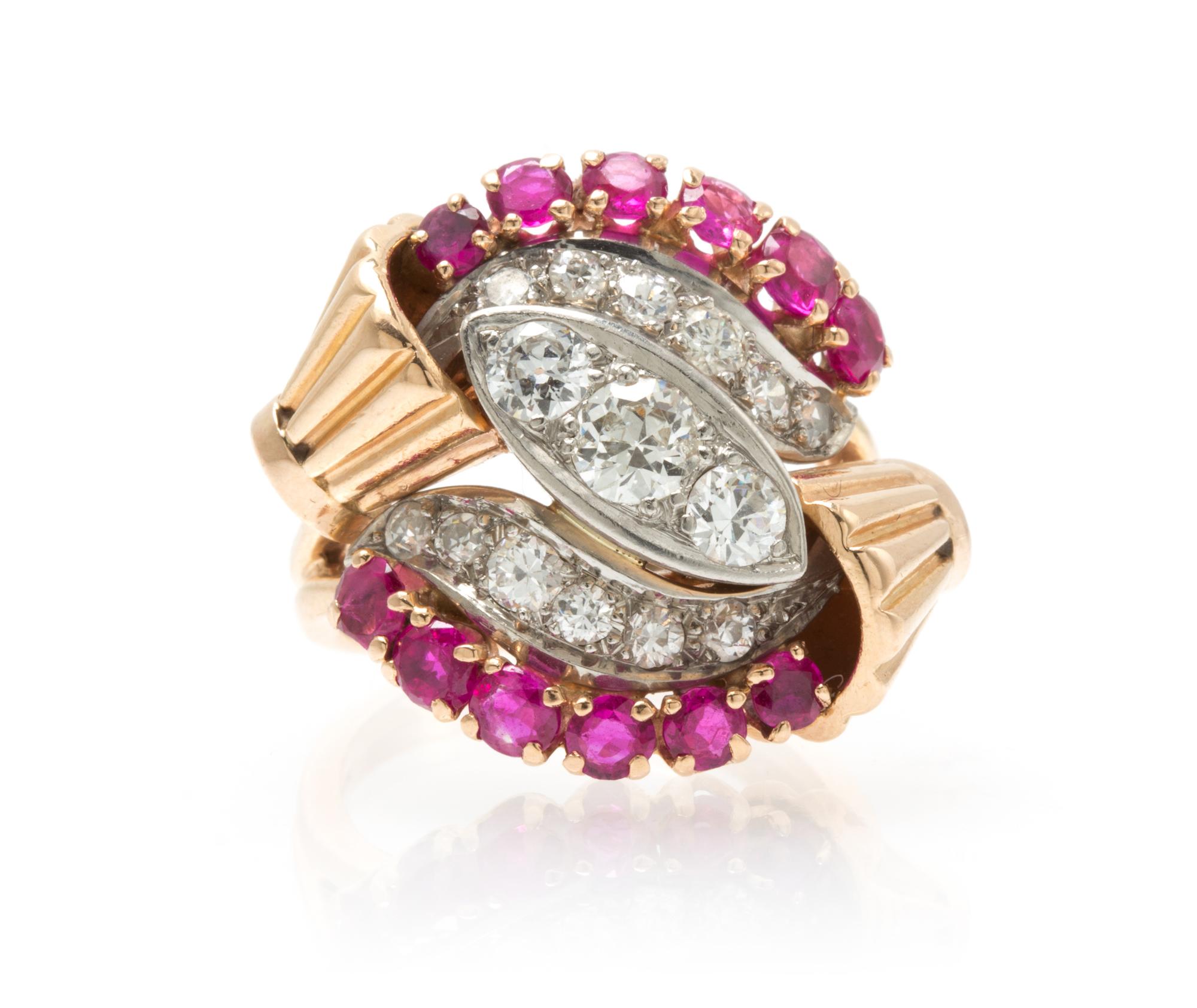 A Retro Platinum Topped Rose Gold, Diamond and Ruby Ring, 7.60 dwts.
