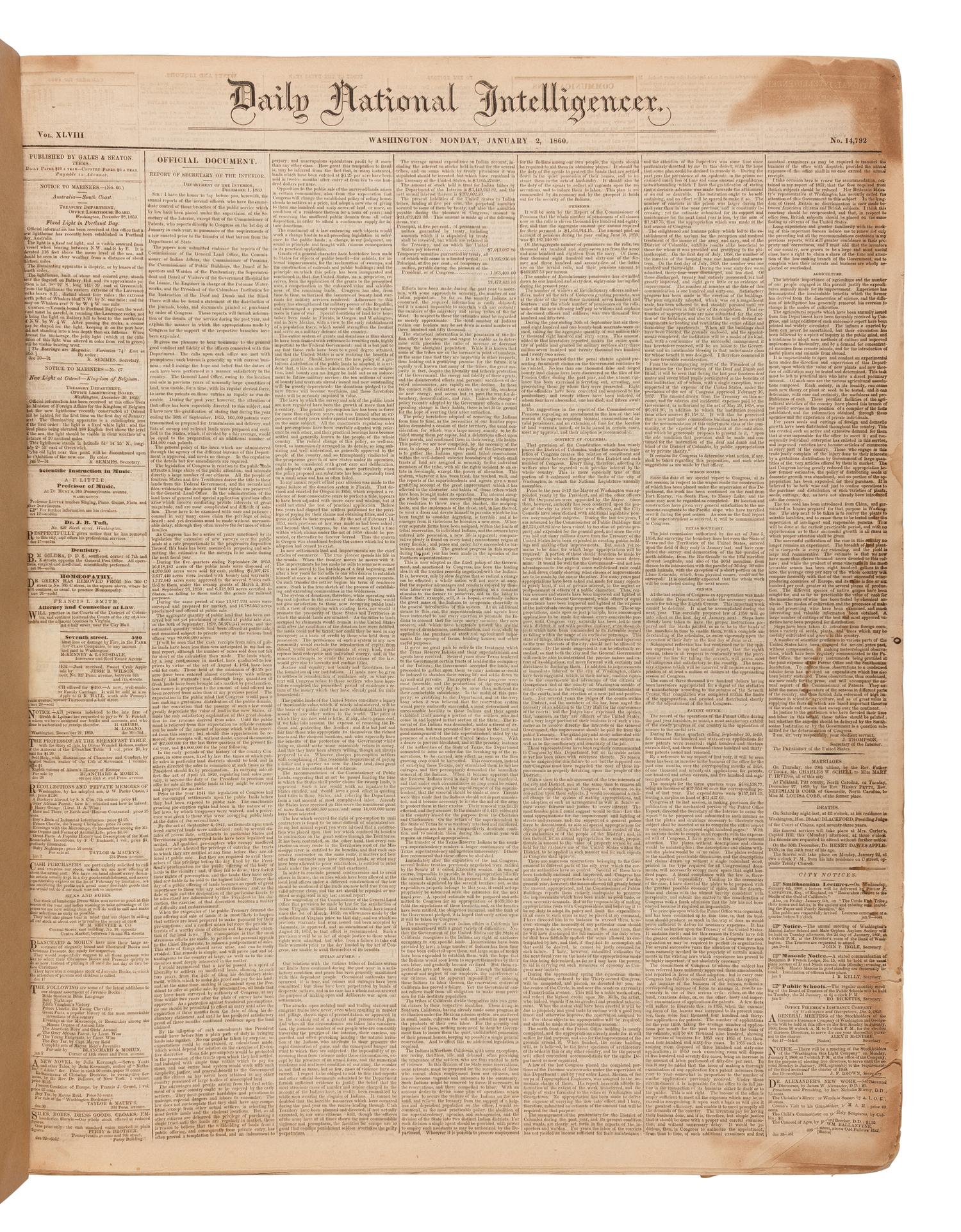 [CIVIL WAR]. The National Intelligencer . Vol. XLVIII, Nos. 14,792-15,098. Washington, DC: 2 January-31 December 1860.