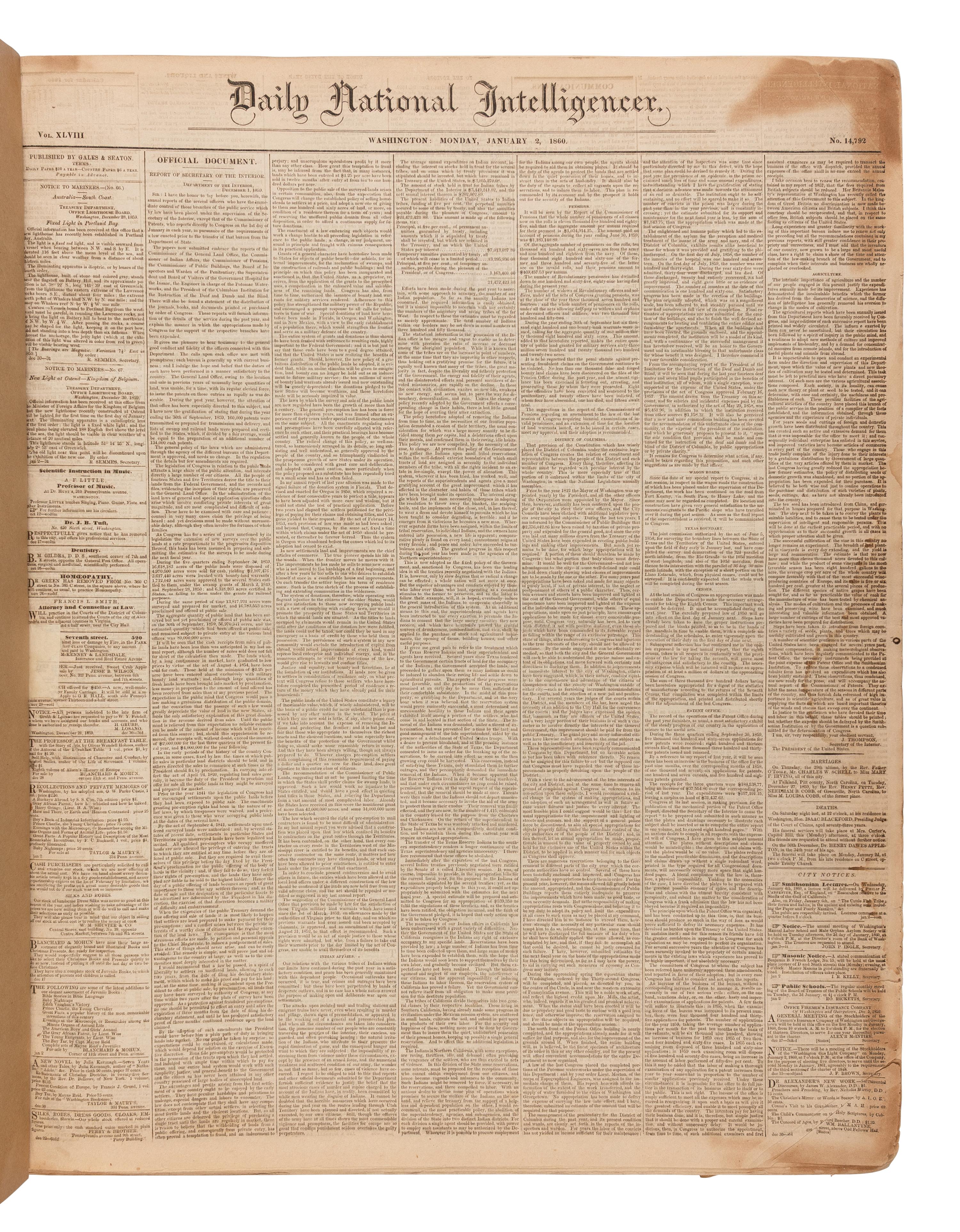 [CIVIL WAR]. The National Intelligencer . Vol. XLVIII, Nos. 14,792-15,098. Washington, DC: 2 January-31 December 1860.