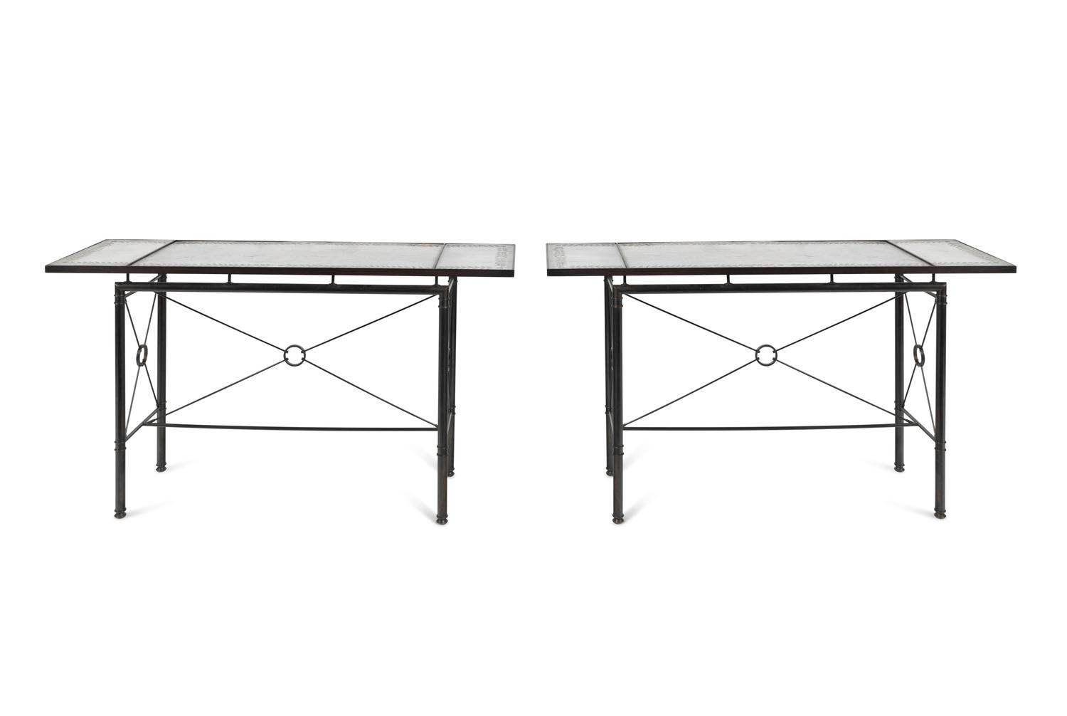 A Pair of Etched Glass-Top Patinated Metal Console Tables