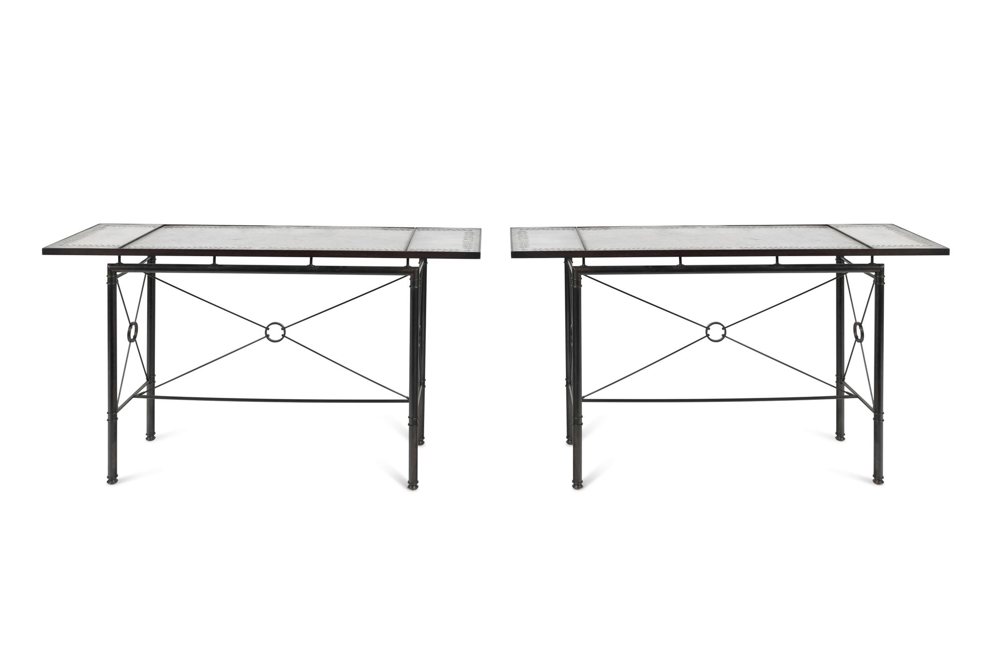 A Pair of Etched Glass-Top Patinated Metal Console Tables