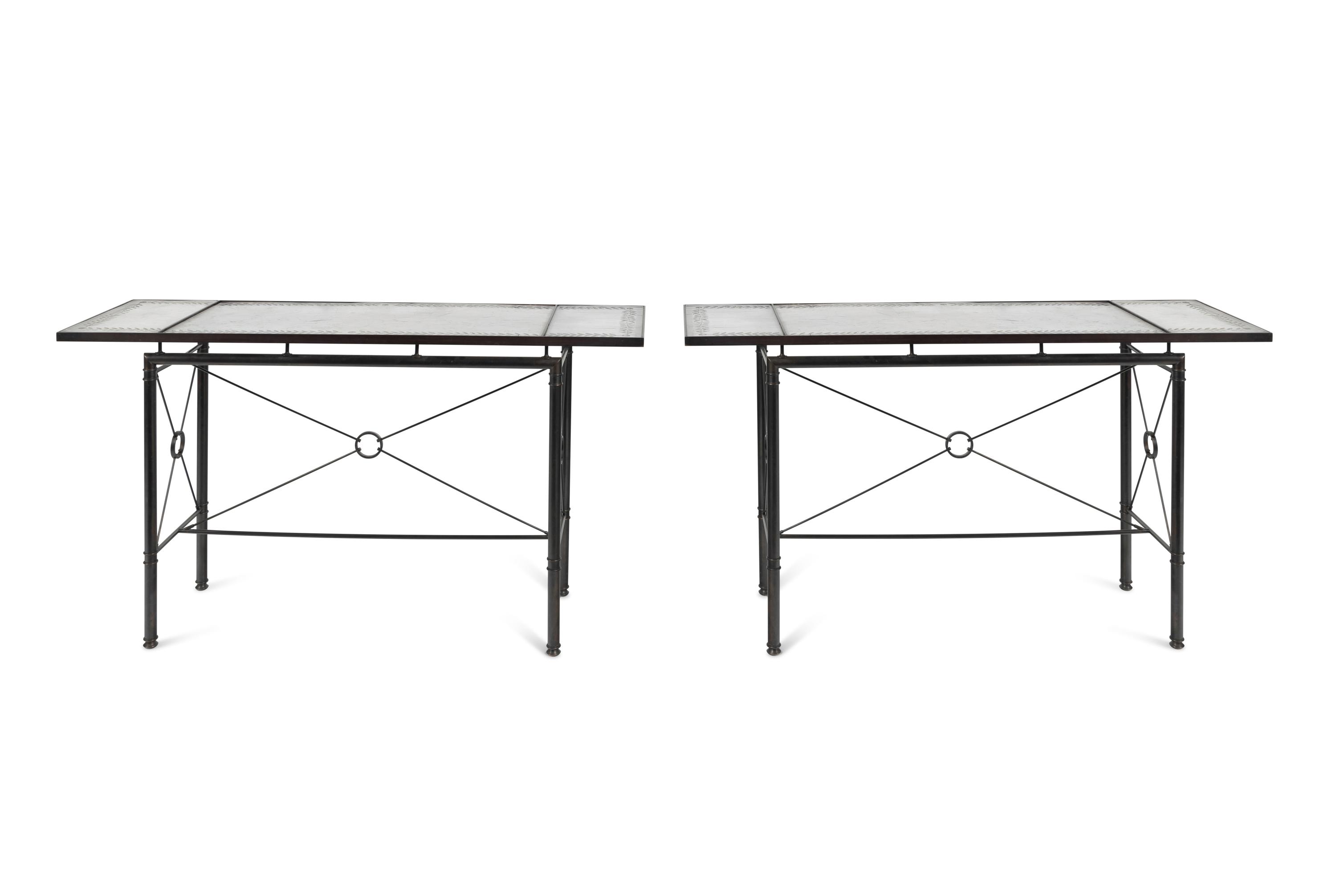 A Pair of Etched Glass-Top Patinated Metal Console Tables