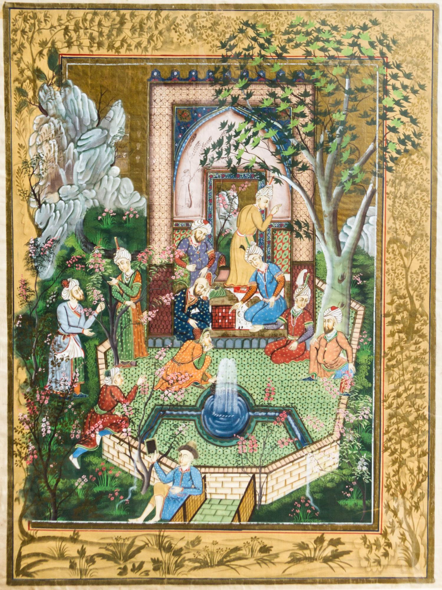 A Persian Painting on Silk, Height 42 1/4 x width 31 inches.