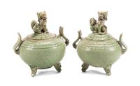 A Pair of Chinese Celadon Porcelain Covered Censers Height 12 inches.