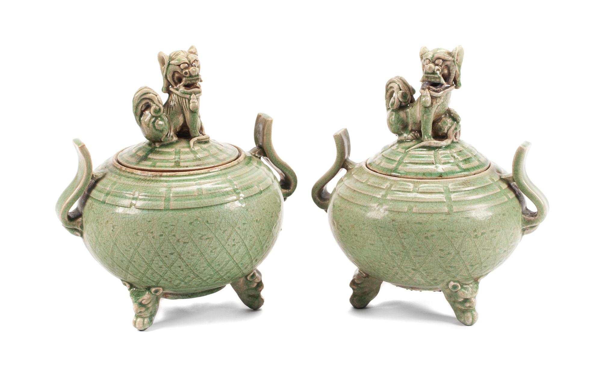 A Pair of Chinese Celadon Porcelain Covered Censers Height 12 inches.