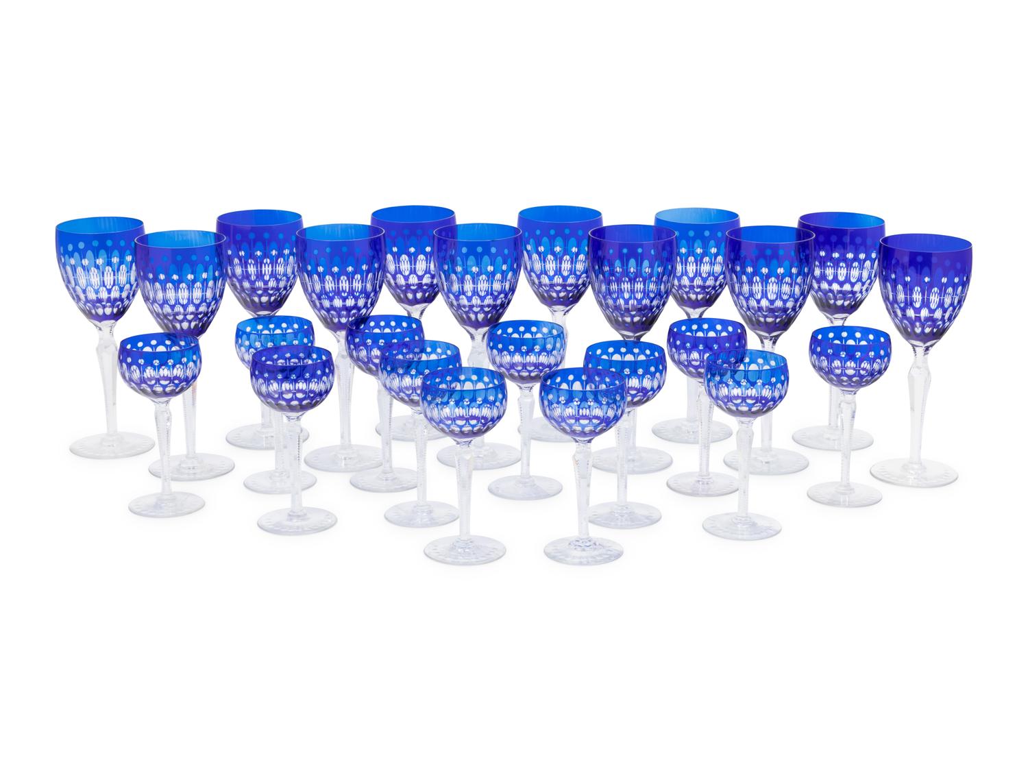 A Group of Cobalt Blue Cut-to-Clear Glass Stemware