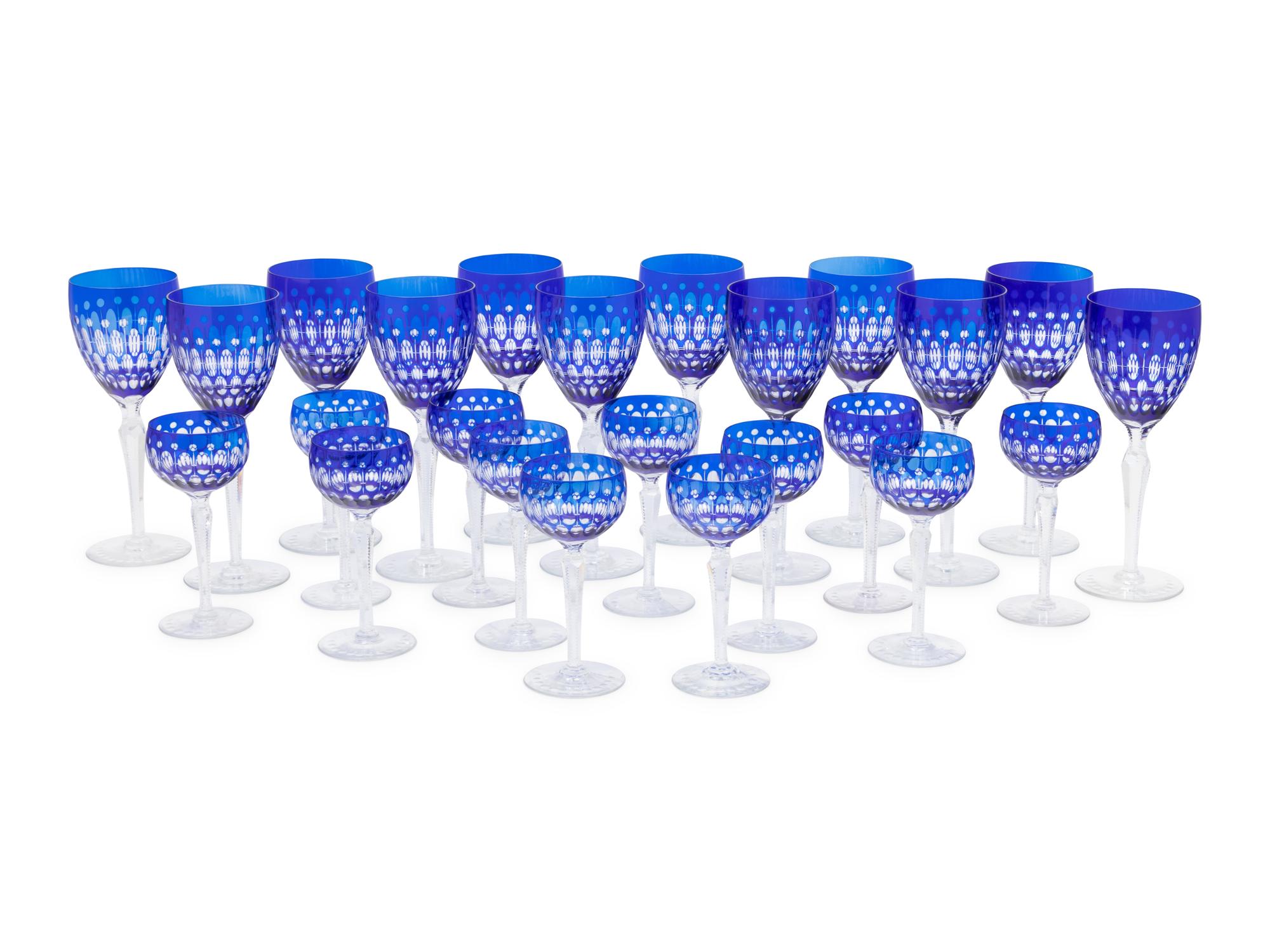 A Group of Cobalt Blue Cut-to-Clear Glass Stemware