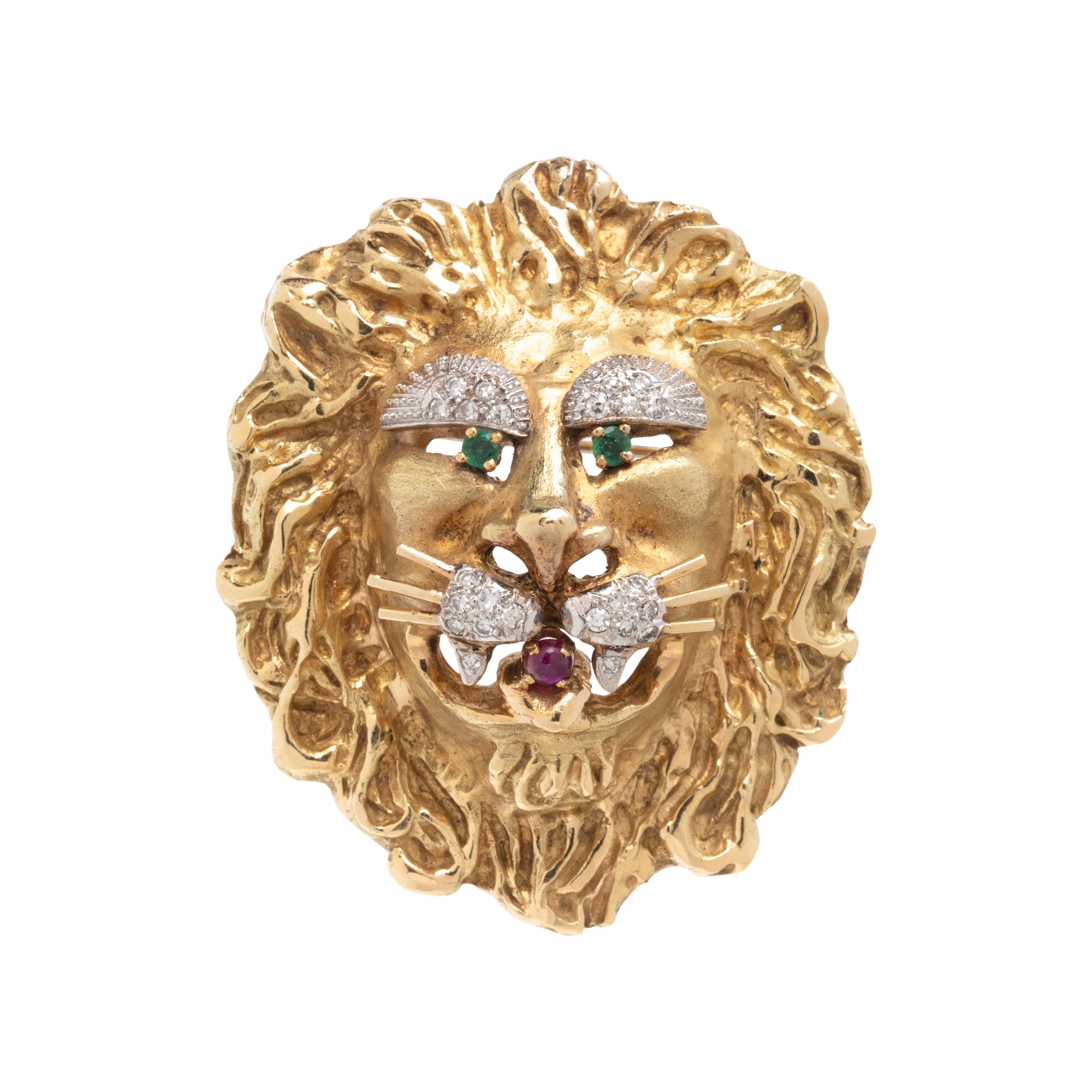 BICOLOR GOLD AND MULTIGEM LION BROOCH